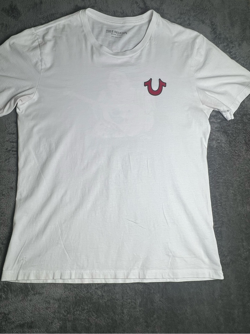 True Religion White Short Sleeve Tee with Maroon Horseshoe Logo